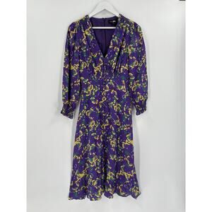 Saloni Eve-C Dress Womens 4 Purple Yellow Floral Maxi Buttons Slit Smocked Silk